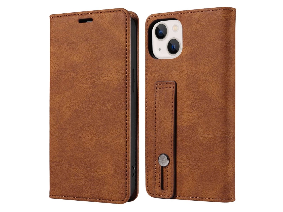 Capa Para Iphone 14 Plus Pele Sintética Anti-choque Anti-riscos Castanho