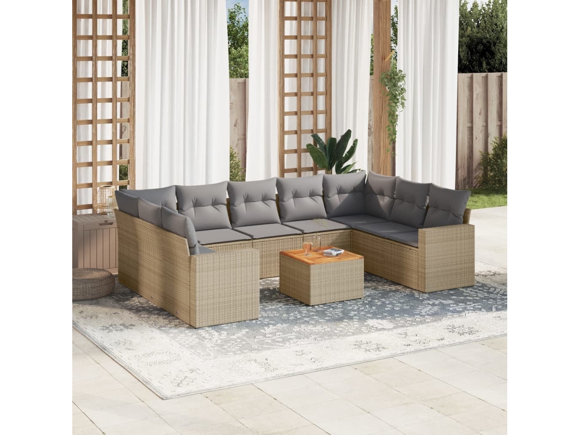 Conjunto 10 Peças Sofás Jardim C/ Almofadões Vime Pe Bege Misturado Dkd Home Decor