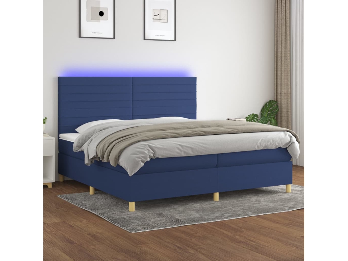 Vidaxl Cama Box Spring C/ Colchão E Led 200x200 Cm Tecido Azul