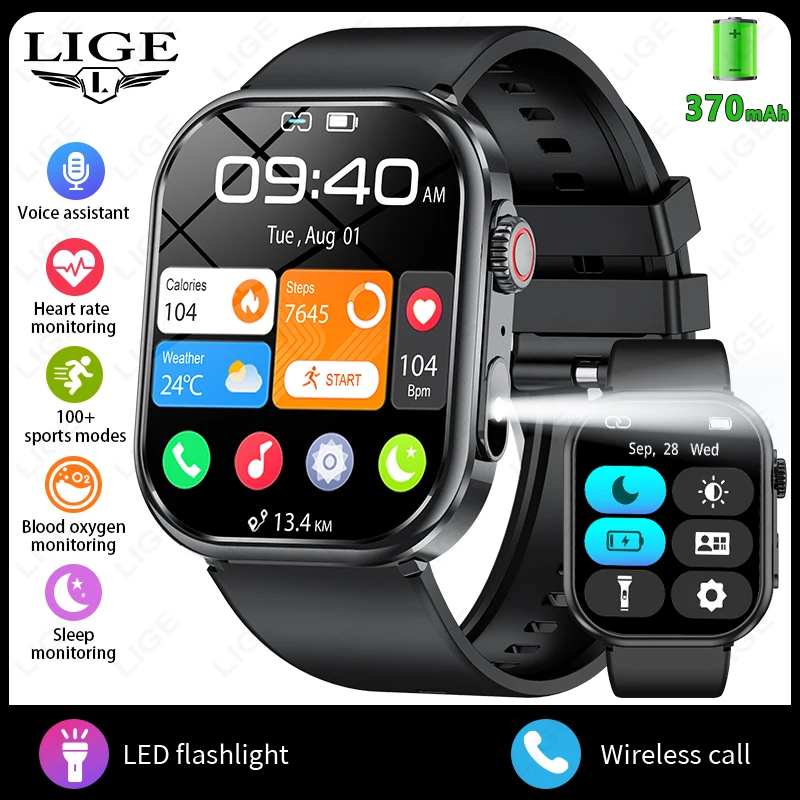 Smartwatch MDUG com lanterna, tela de 2.01 polegadas, controle de voz por IA, chamadas Bluetooth, preto