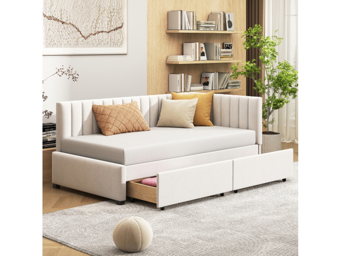 Sofá Cama Multifuncional 90x200cm Com 2 Gavetas De Armazenamento E Estofado Em Veludo Suave Bege Liptaptyn