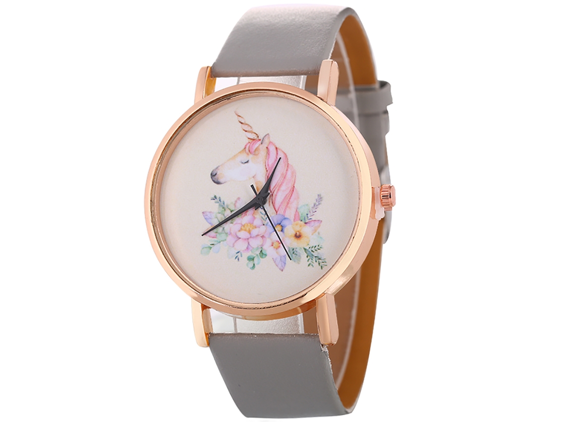 Relógio Feminino de Moda Pulseira de Couro Pu Casual Quartz com Design de Cavalo e Flores Cinza