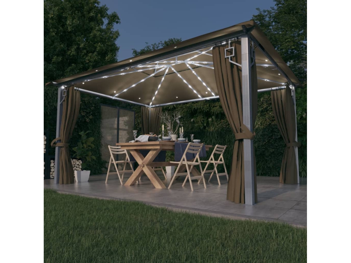 Vidaxl Gazebo C/ Cortinas E Cordões Luzes Led 4x3 M Alumínio Cinza-ac.
