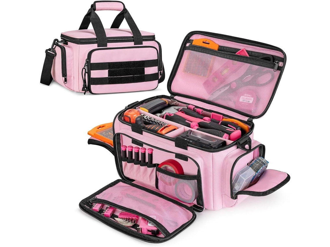 Bolsa de ferramentas rosa com 14 dobras para mulheres, organizador de ferramentas portátil de grande capacidade para uso.
