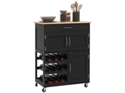 Carrinho de cozinha de madeira com suporte para garrafas 3 portas e gaveta preto 67x37x87 cm