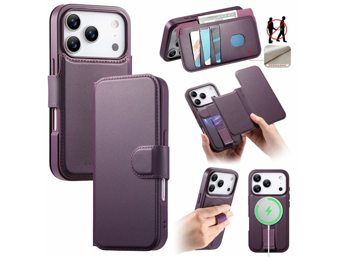 Capa Carteira Caseneo Para Iphone 17 Pro Max Em Couro Sintético - Roxa