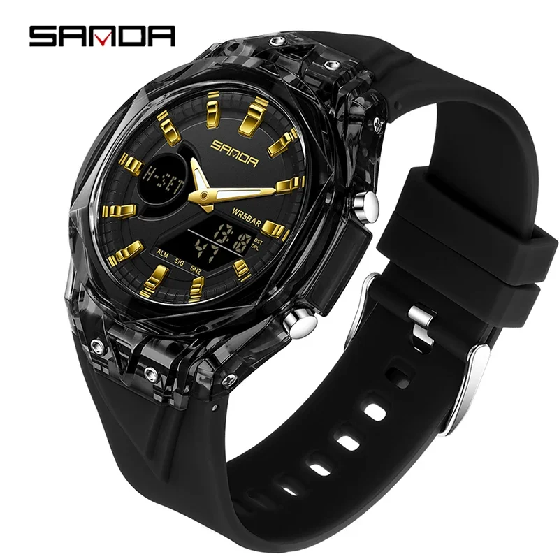 Relógio Eletrônico De Quartzo Masculino Elegante (preto, Ponteiros Dourados) Com Visor Duplo, Despertador Luminoso, Esportivo E Resistente À Água.