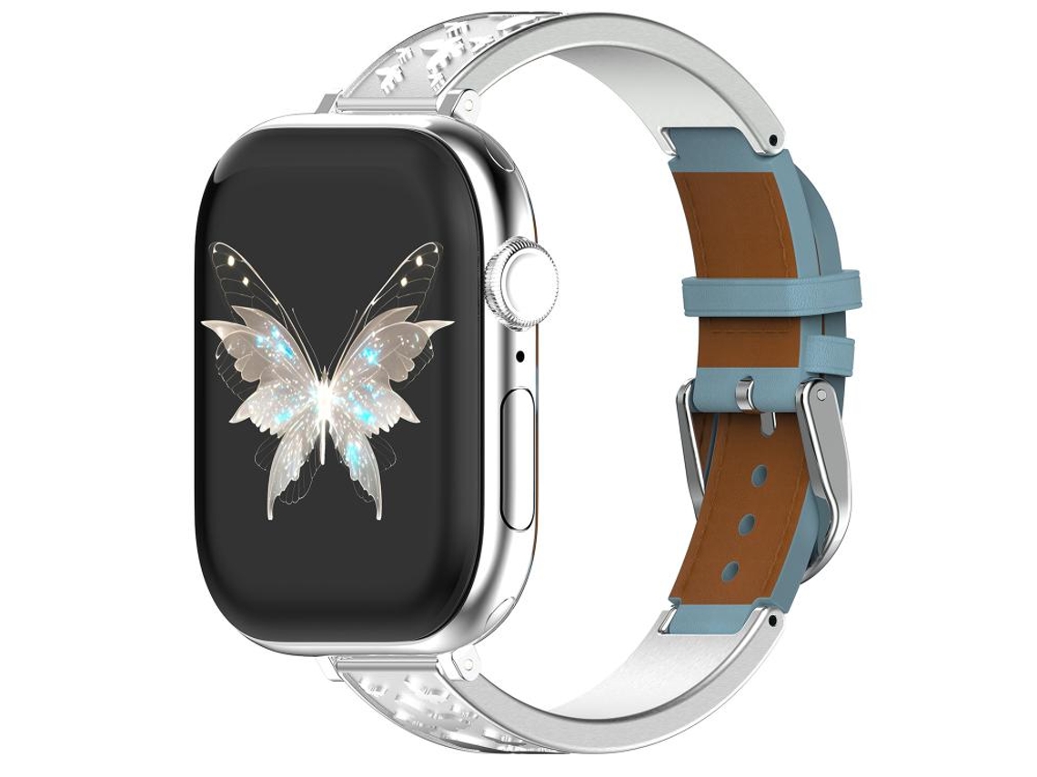 Bracelete Para Apple Watch 42/41/40/38mm - Híbrida Butterfly: Aço Inoxidável E Couro Genuíno Prateada + Azul Celeste