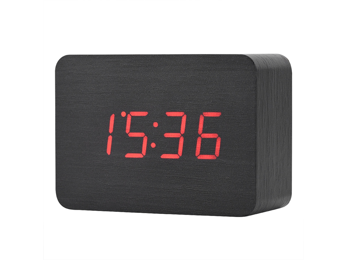 Relógio De Alarme Digital De Madeira Com Tela Led De Temperatura Controle Por Som Preto