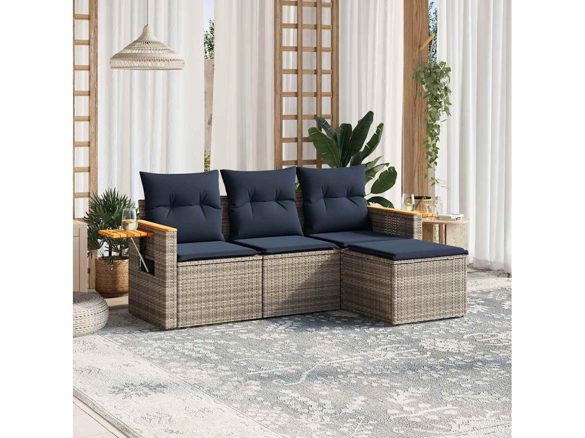 Vidaxl 4 Pcs Conjunto Sofás P/ Jardim C/ Almofadões Vime Pe Cinzento