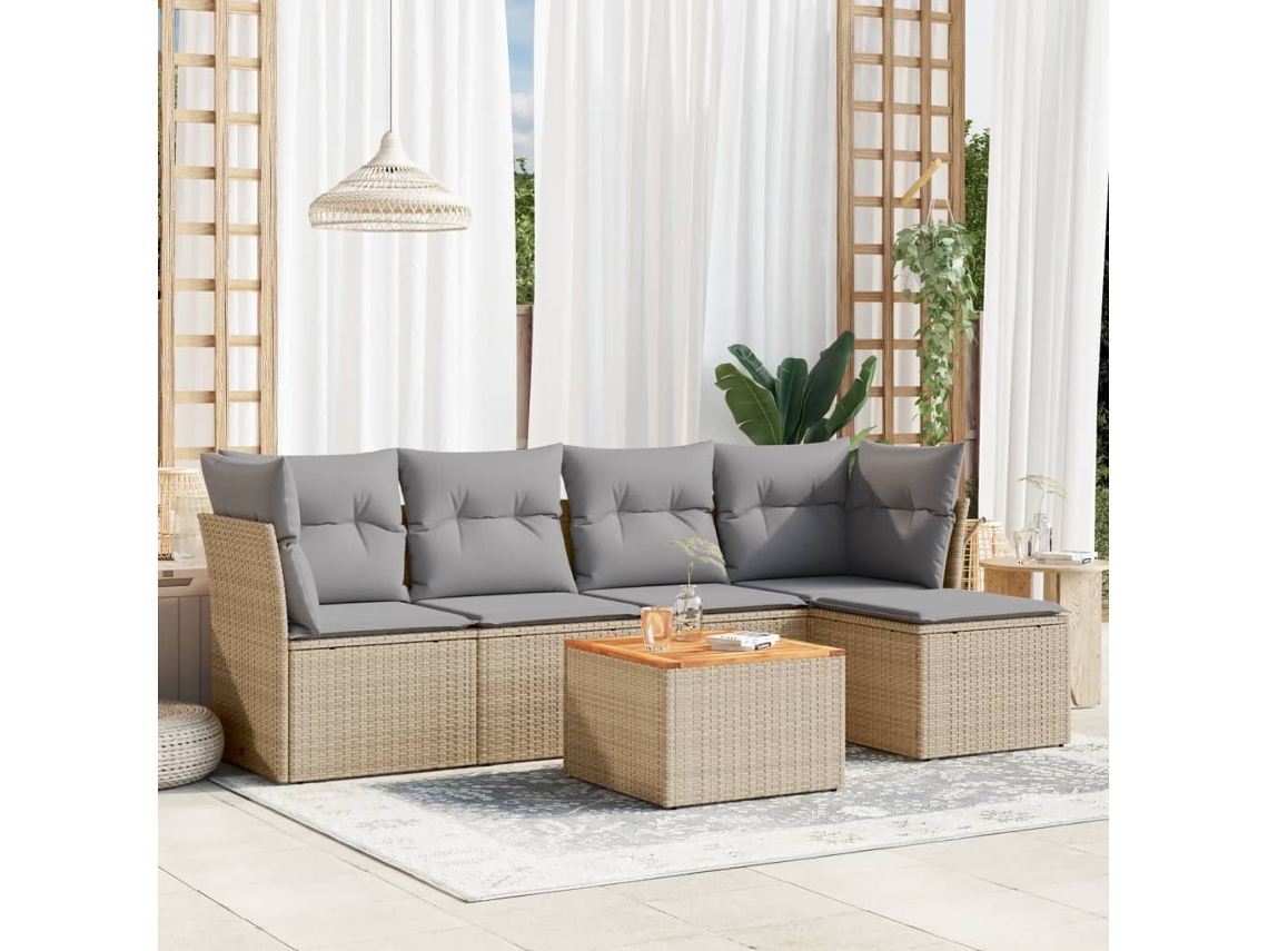 Vidaxl 6 Pcs Conj. Sofás Jardim C/ Almofadões Vime Pe Bege Misturado