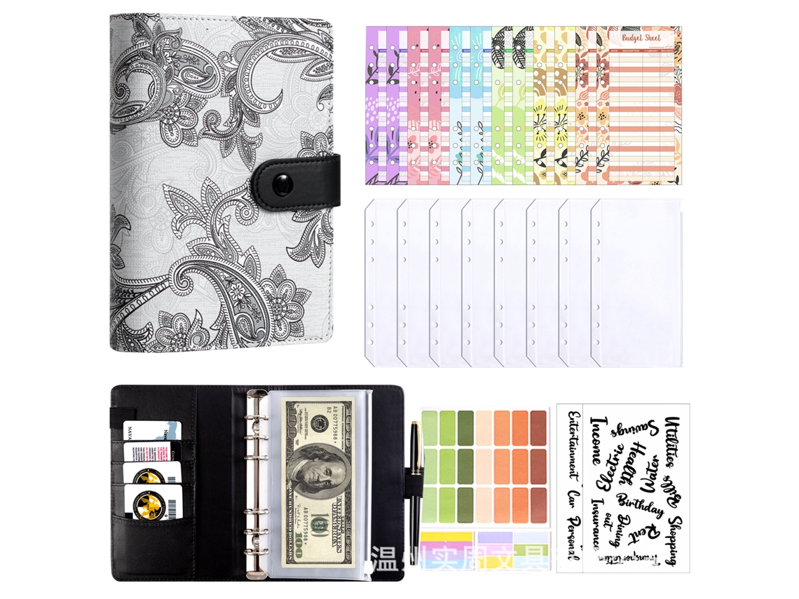 Creative Paisley Pattern A6 Budget Planner Notebook, Macaron Color Binder, Black Cover With 8-zipper Pockets, Includes
