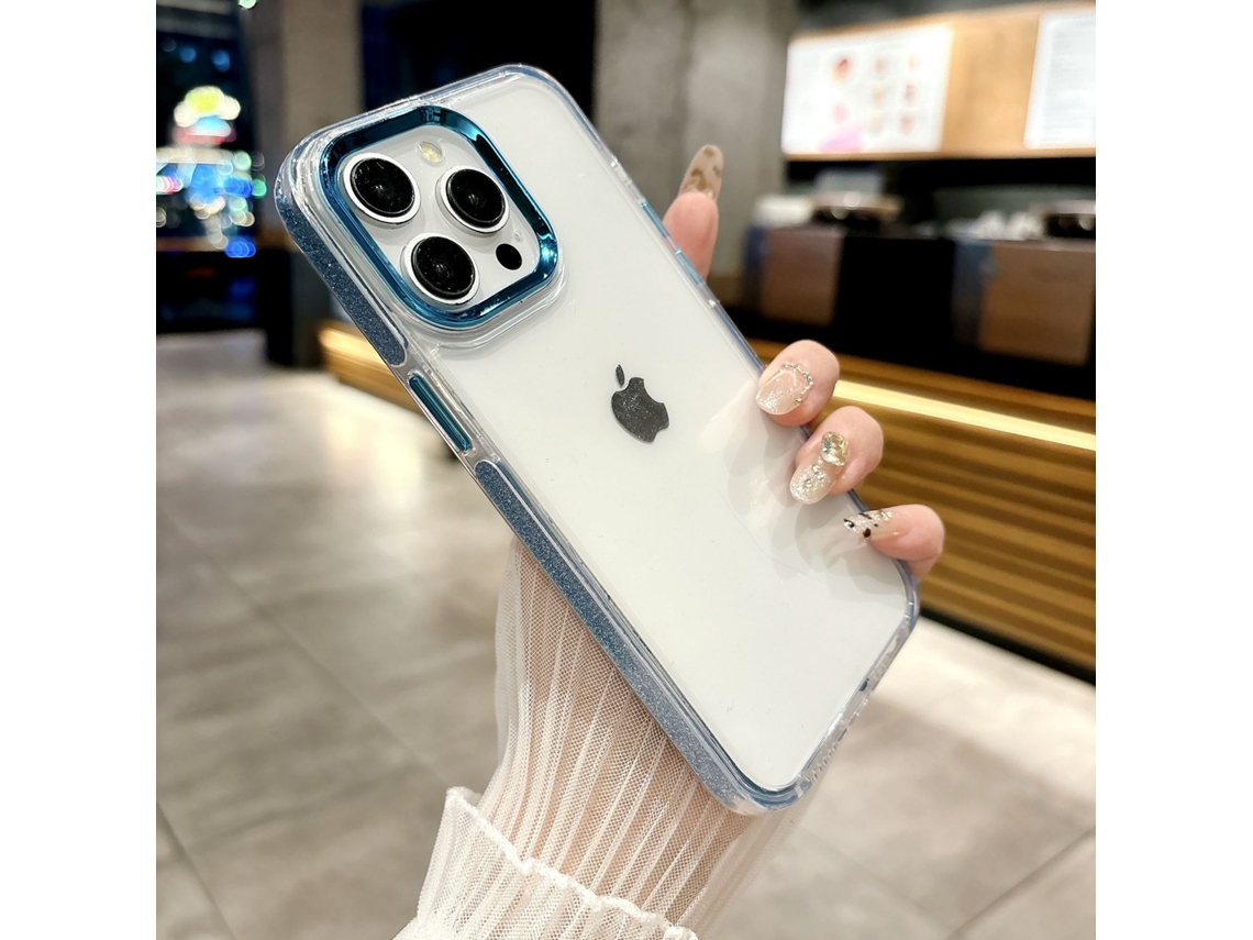Capa Para Iphone 17 Com Moldura Azul, Glitter Transparente, Personalizada Com Glitter Transparente, Ranhura Eletroplaqueada E Resistente A Quedas.