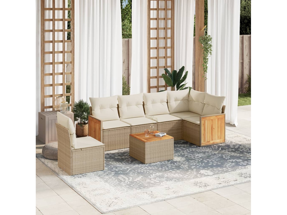 Vidaxl 7 Pcs Conjunto De Sofás P/ Jardim Com Almofadões Vime Pe Bege
