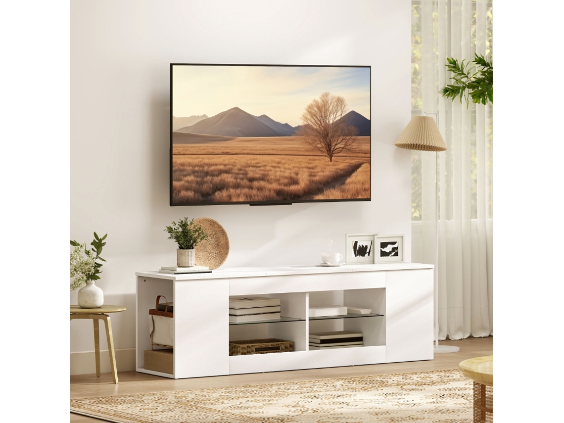 Móvel De Tv 140 Cm, 6 Compartimentos, 2 Prateleiras De Vidro, Painel De Partículas, Branco