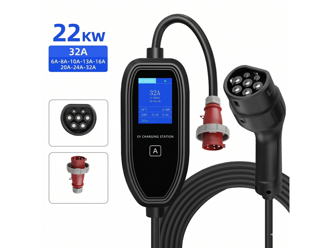 Carregador Portátil Carro Elétrico Tipo 2 SZSMART K09 22kw 32a Trifásico Ajustável, App/ecrã Led, Ficha Cee 32a, Cabo 5m