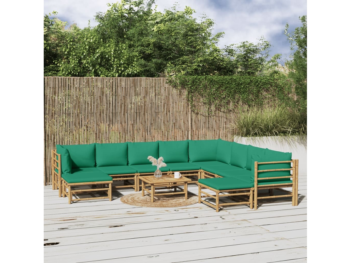 Vidaxl 11 Pcs Conjunto Lounge De Jardim Bambu C/ Almofadões Verdes