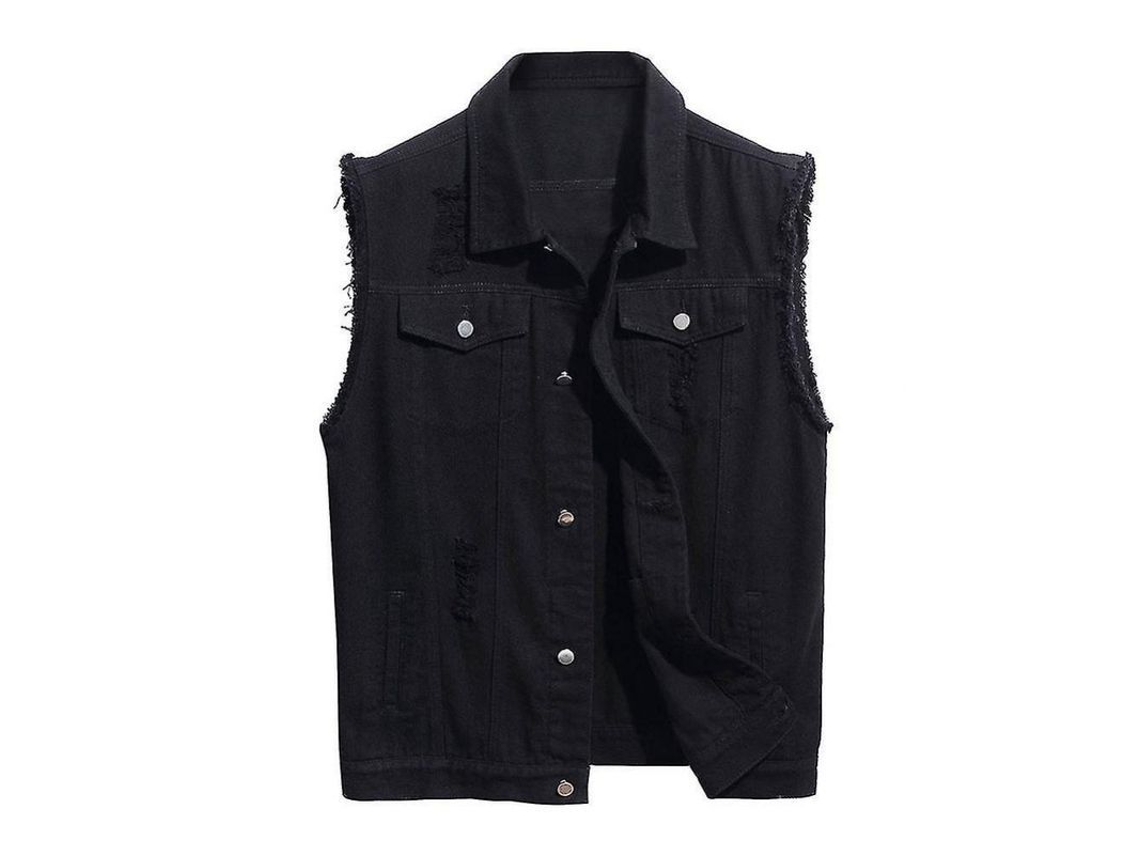 2026 chaleco Vaquero Casual para Hombres Desgarrado Clásico Camionero Sin Mangas Botones Talla S XL XL Negro