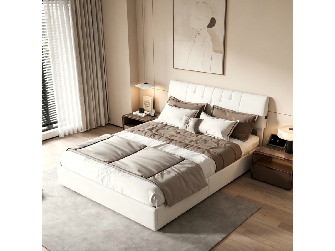 Cama casal com armazenamento acolchoado 140x190 cm, carregador USB, ripas, tecido peludo branco | ROSAHQNDA