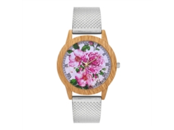 Relógio de pulso de quartzo com pulseira de malha e mostrador redondo com padrão floral (prateado)