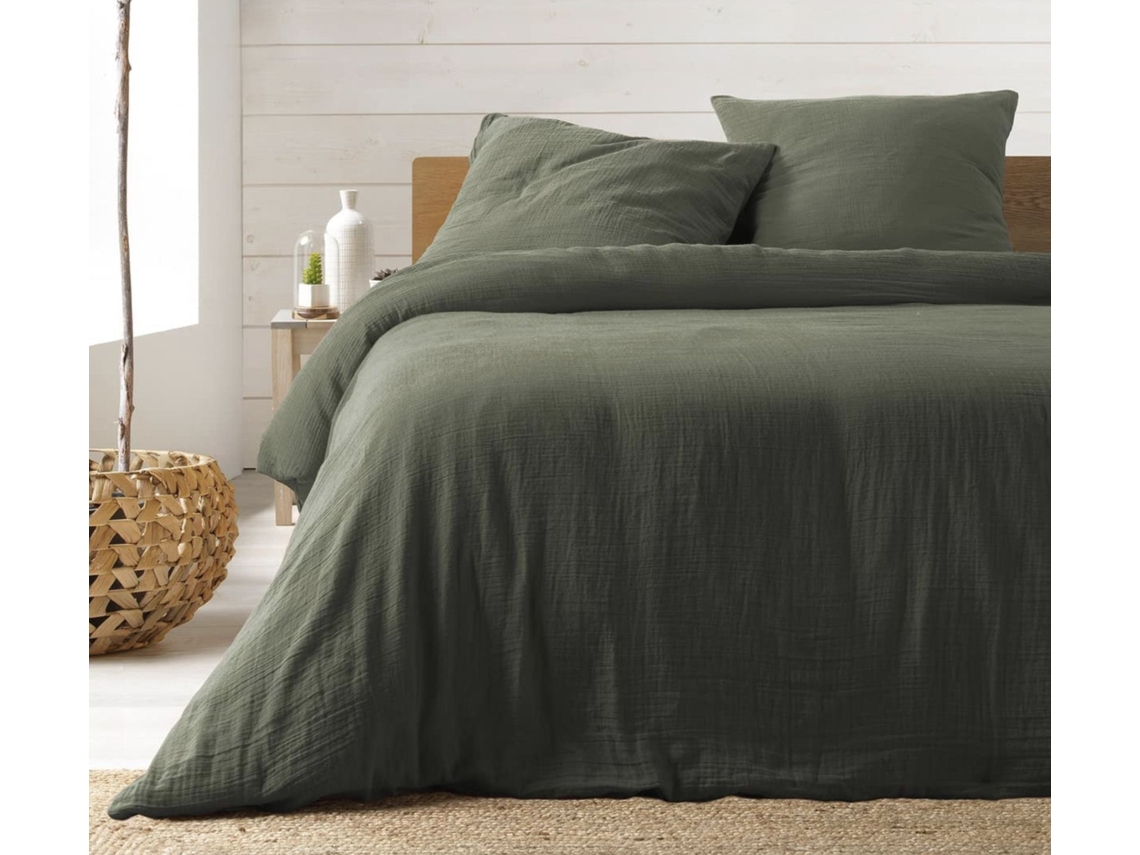 Conjunto de cama gaze de algodão verde 240 x 220 cm Promo Linge
