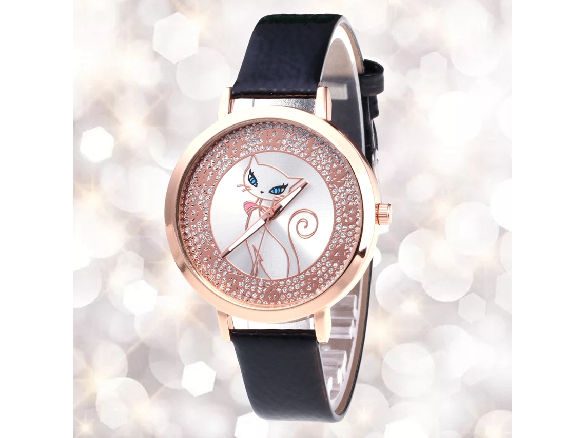 Relógio de Pulso Feminino de Quartzo com Pulseira de Couro Pu Casual Mostrador Redondo Preto