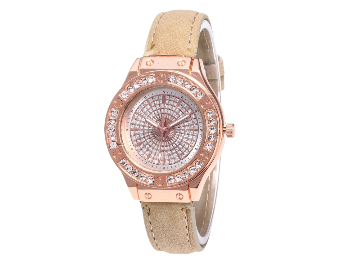 Relógio de Pulso Feminino de Quartzo com Pulseira de Couro Pu e Mostrador Strass Bege