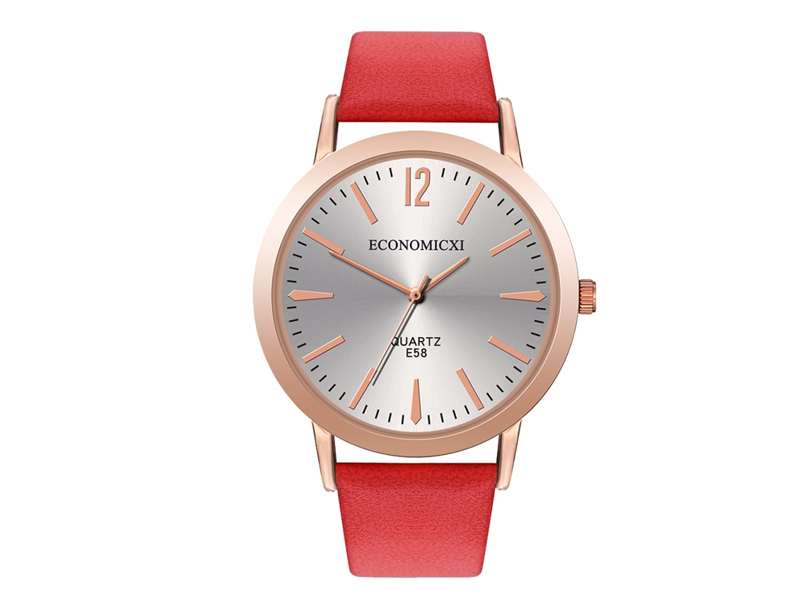Relógio de pulso feminino simples em couro, moderno e casual (vermelho)