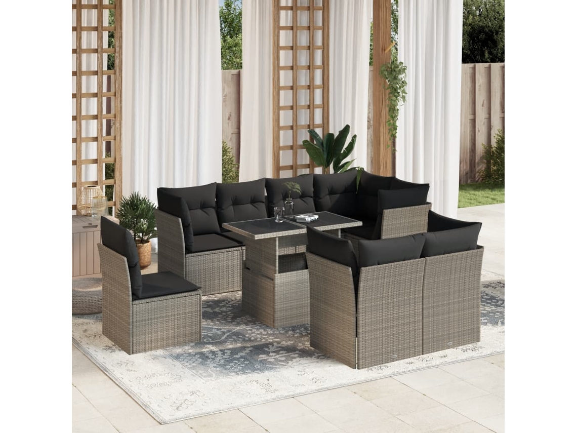 Vidaxl 9 Pcs Conj. Sofás Jardim Com Almofadões Vime Pe Cinzento-claro