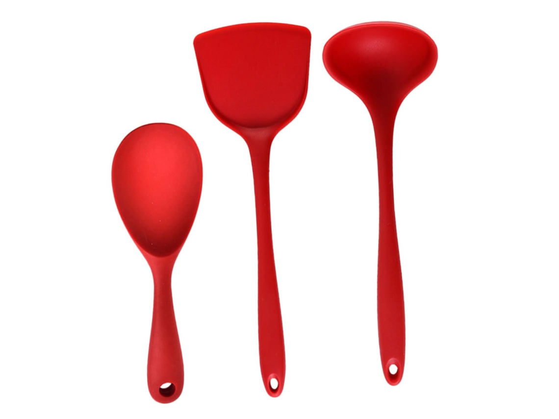 Conjunto De 3 Utensílios De Cozinha Em Silicone Vermelho: Colher Antiaderente, Concha E Espátula -