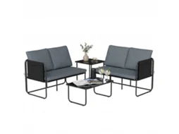 Conjunto de Jardim ZACHARY 4 Peças, Sofá 2 Lugares, 2 Cadeiras, Mesa de Vidro, Cinza