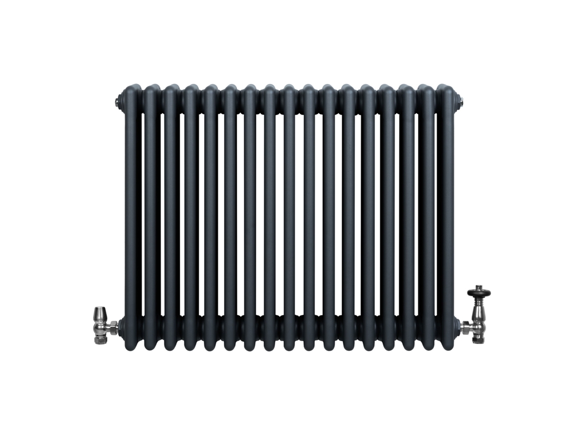 Radiador Tradicional 4 Colunas 600x785 Mm Cinza Antracite 756w + Válvulas Termostáticas Cromadas – Aço Carbono, Suportes
