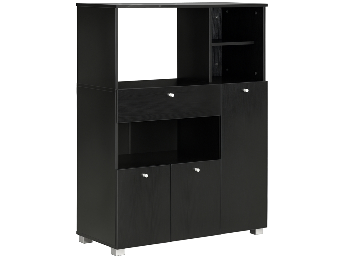 Móvel para Micro-ondas BTFORUS com 2 Armários, 4 Nichos e Gaveta, 90x40x120cm, preto, madeira