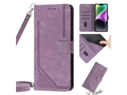 Capa De Couro Com Estampa Listrada E Cordão Para Iphone 13 Pro, Roxa