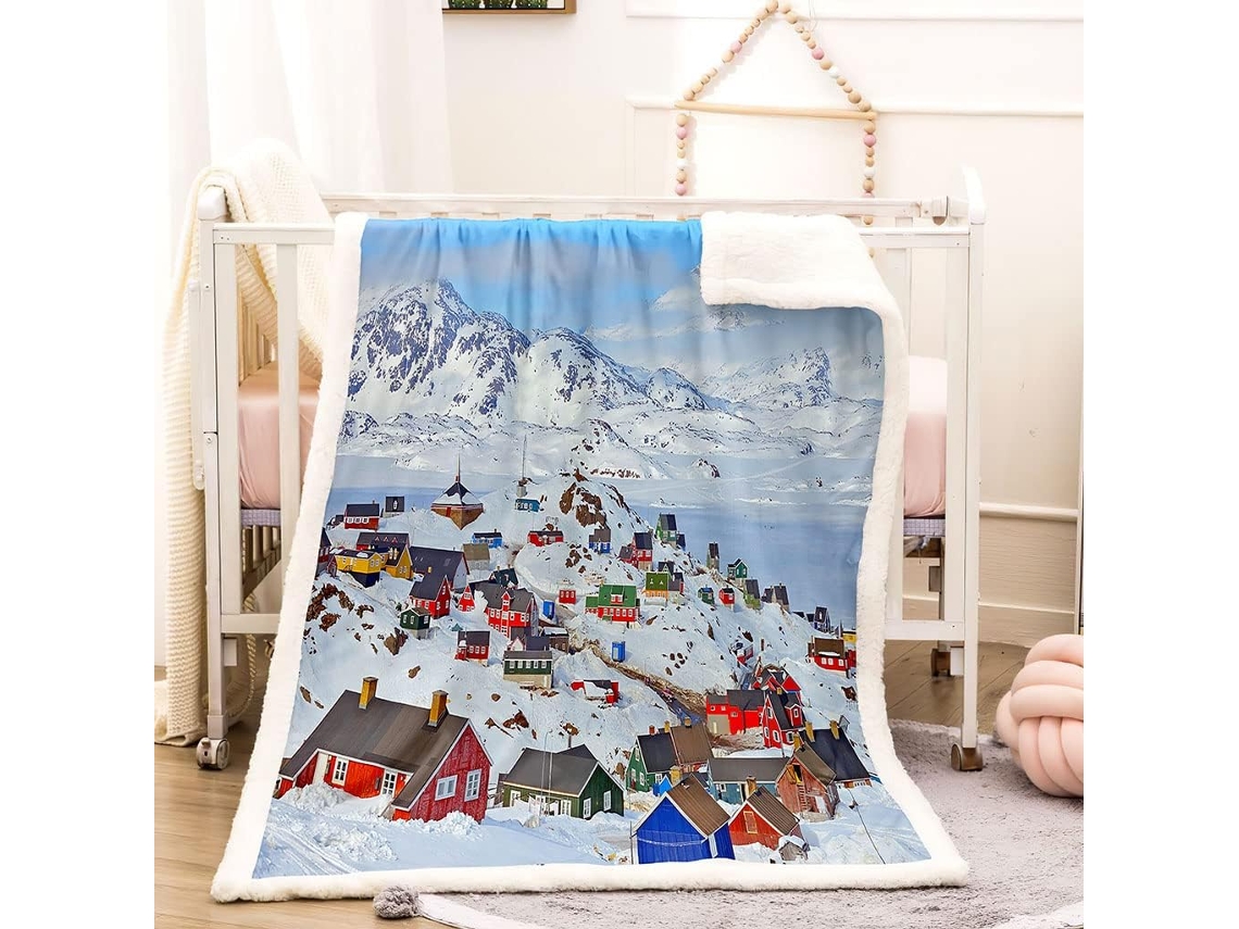 Manta Estampa de Casas Brancas na Neve em Microfibra 80x150cm