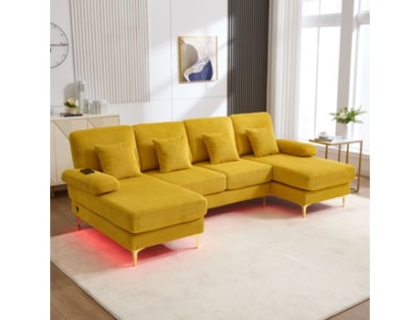 Sofá Em U Moderno 4 Almofadas Luxuosas, Estrutura Em Madeira Maciça, Iluminação Led, Porta Usb C, Encosto Ergonómico Amarelo Estilo
