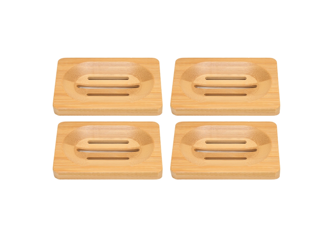 Conjunto de 4 saboneteiras de bambu com drenagem automática para banheiro.