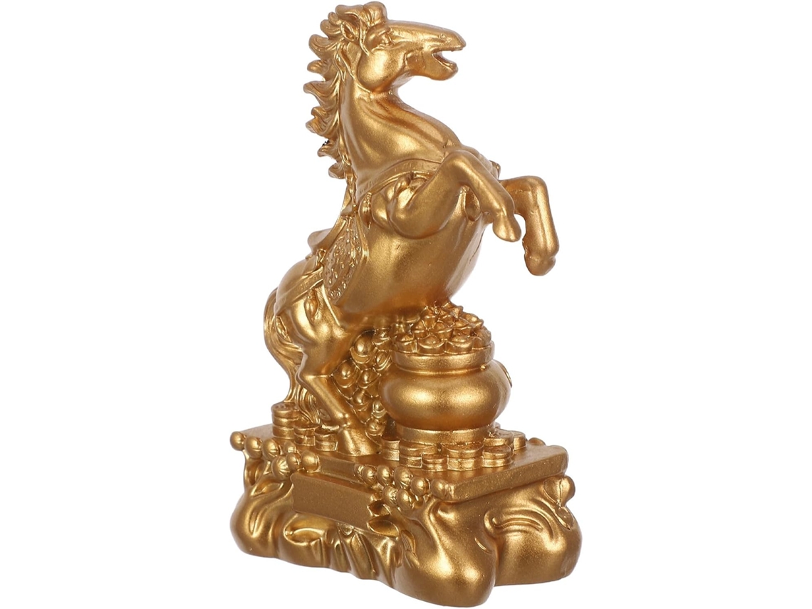 Escultura Cavalo Resina Dourada 2026 Símbolo Prosperidade Decoração Escritório Chinês Feng Shui Casa Ano Novo GOKOCO