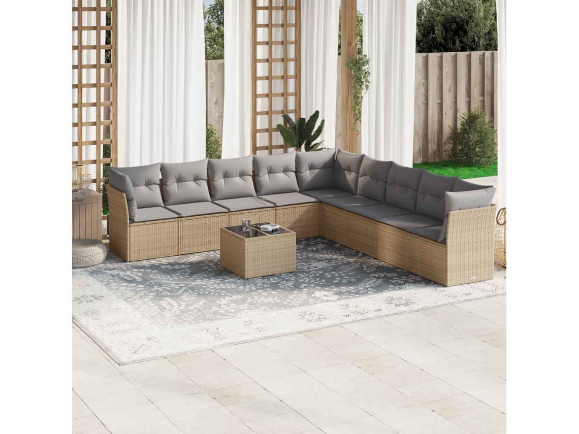 Vidaxl 10 Pcs Conjunto De Sofás P/ Jardim Com Almofadões Vime Pe Bege