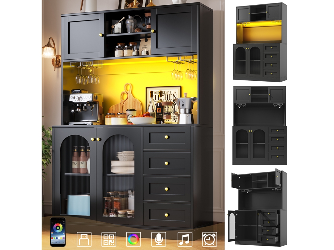 Buffet Estilo Campestre 120x40x188cm Quatro Portas, Faixa Led, Suportes Para Bebidas Bicolor Preto E Branco
