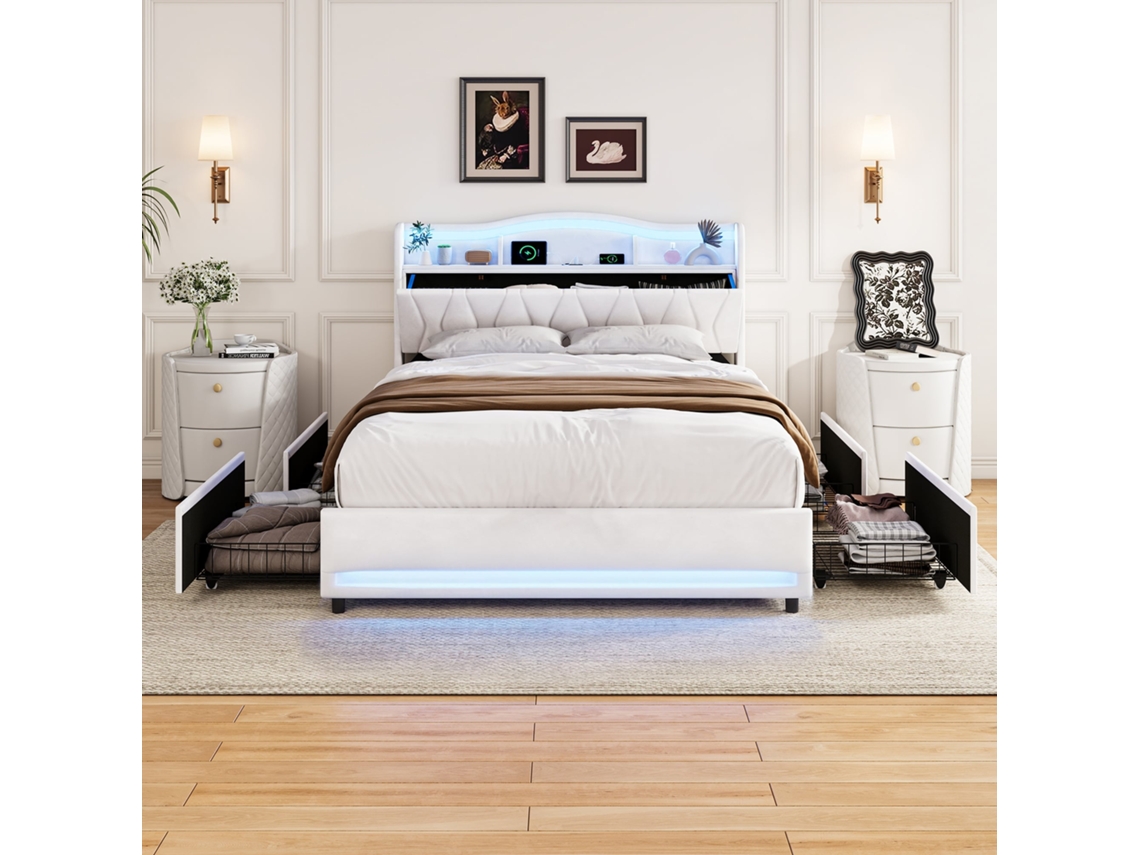 Cama 160x200 com Gavetas em Veludo Bege com Cabeceira com Usb, Arrumação e Iluminação Led SIMURQ