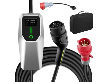 Cabo de carregamento Junsun tipo 2 com plugue Cee16a e adaptador Schuko, 11 kW trifásico, 5 m, 6-16 A, carregador para veículo elétrico com visor