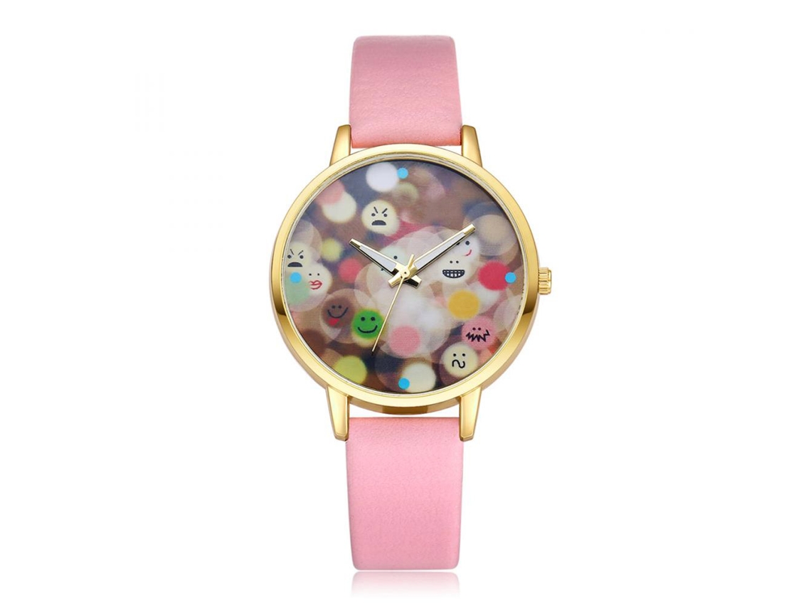 Relógio unissex para casal com pulseira de couro PU, mostrador redondo, estampa de desenho animado, relógio analógico de quartzo (rosa)