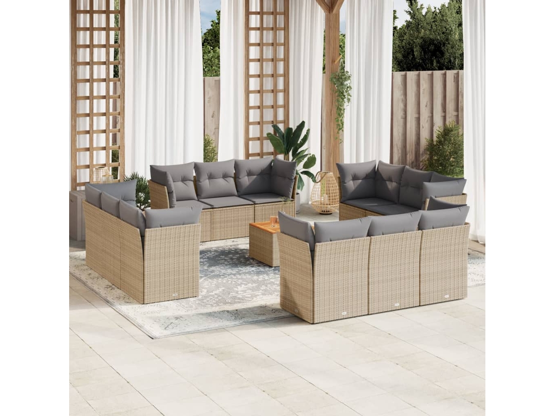 Vidaxl 13 Pcs Conjunto De Sofás P/ Jardim Com Almofadões Vime Pe Bege