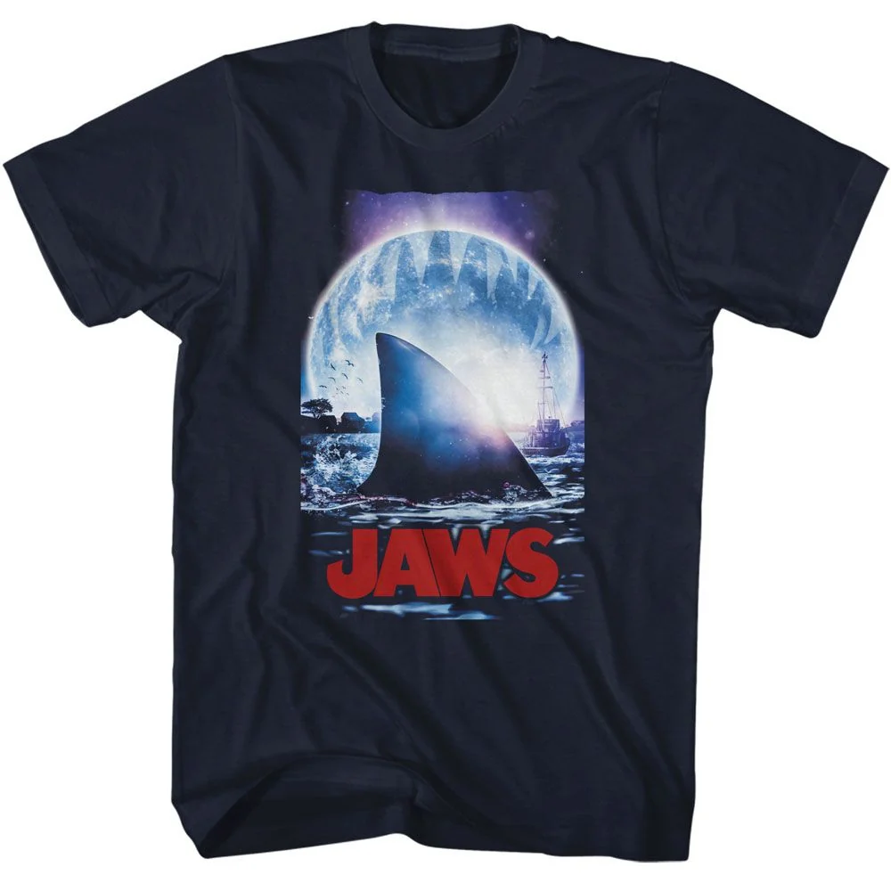 Rockinstone Jaws Movie Moonlight Shark Fin Navy Adult T-shirt Size:l