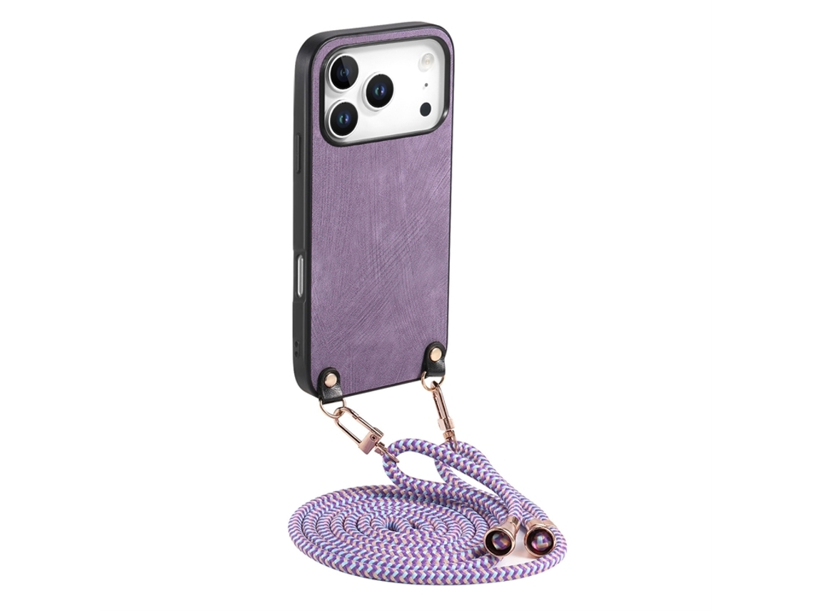 Capa Para Iphone 17 Pro Com Alça Ajustável Em Couro Retrô - Roxa