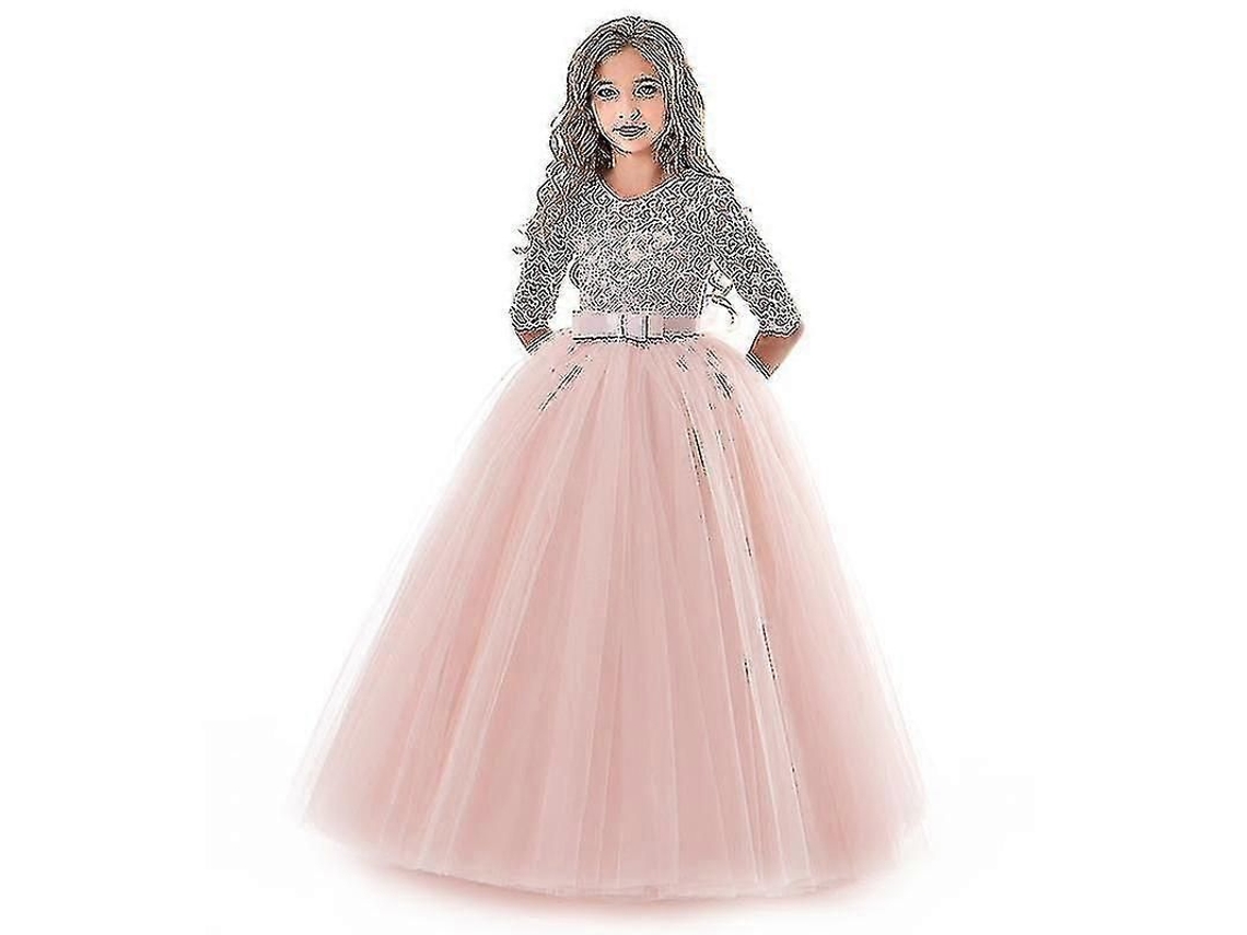 Vestido de Princesa para Meninas, com renda, longo, rosa, tamanhos 4 a 14 anos S/MARCA