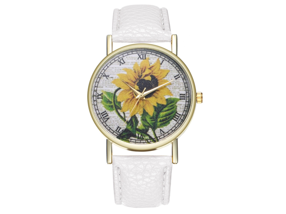Reloj De Cuarzo Con Correa De Cuero Pu Unisex Patrón De Girasol Números Romanos Blanco