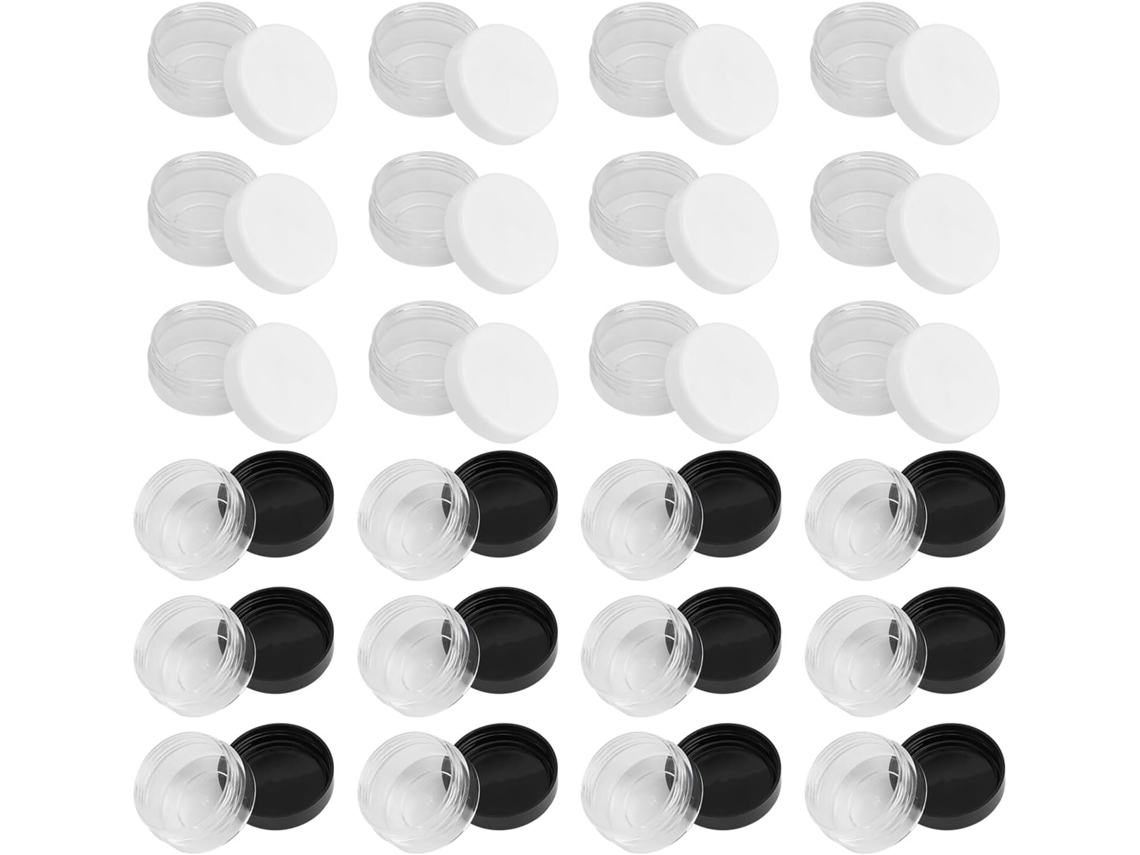 Conjunto de 30 potes transparentes para amostras de cosméticos.