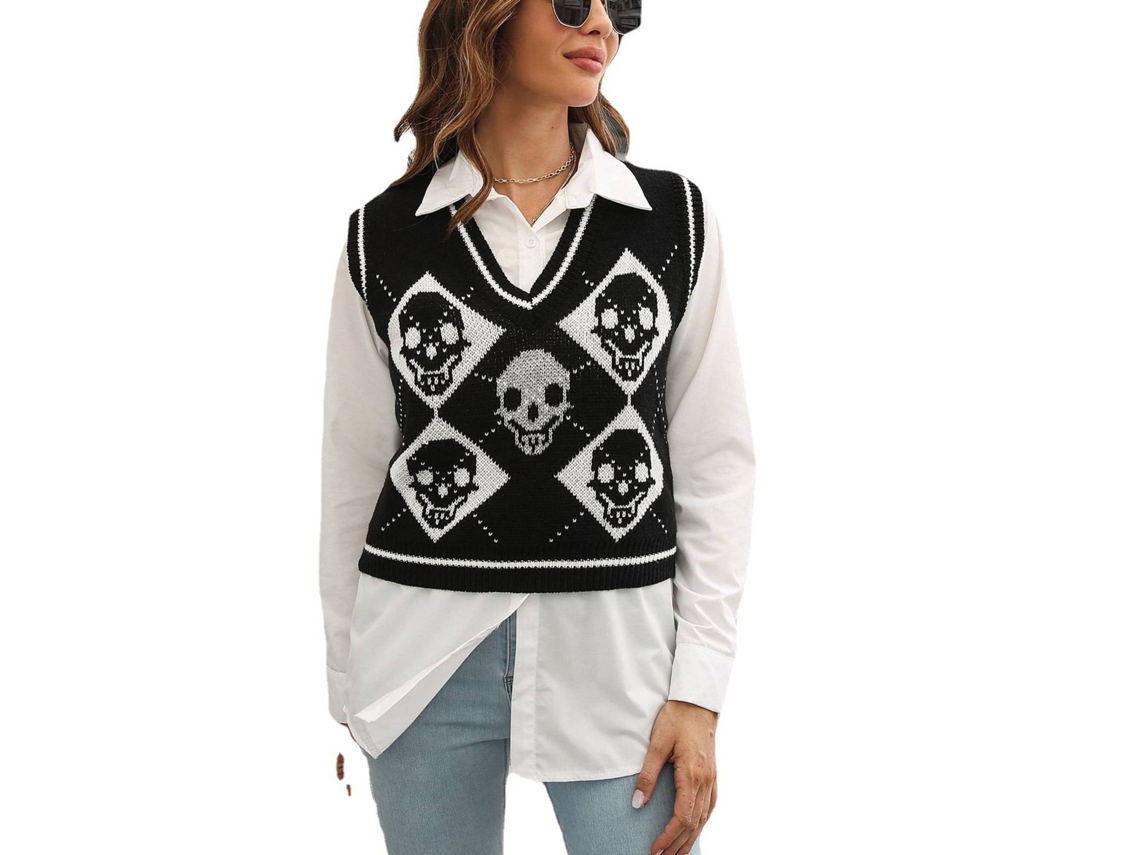 Chaleco De Punto Con Cuadros Diamante Cuello V Moda Y Cómodo Sin Mangas Para Mujer Negro Talla M